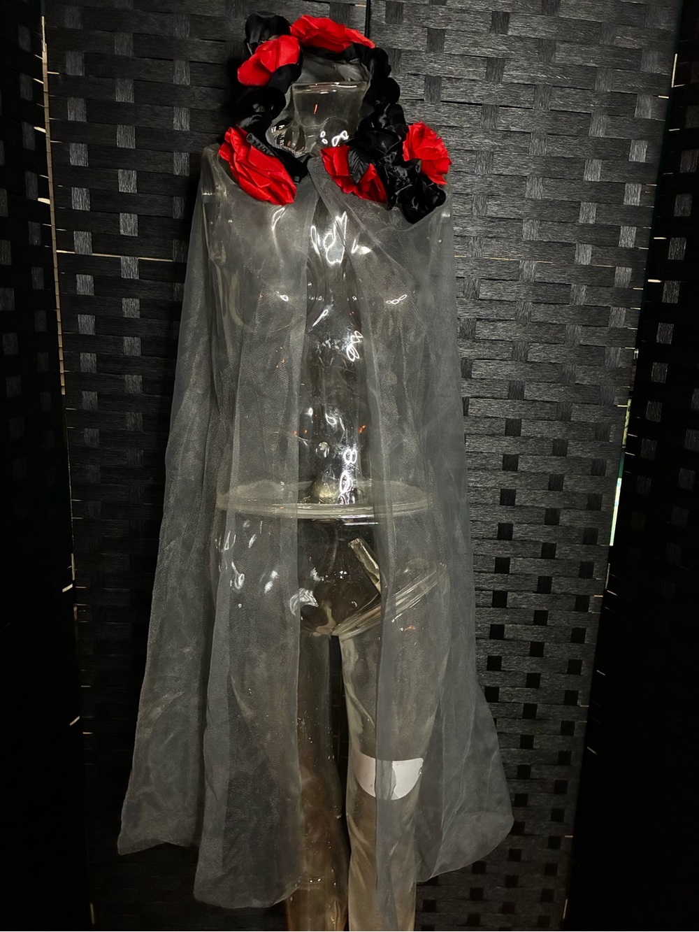 Gothic Black & Red Rose Sheer Capelet | Vampire Witch Halloween Veil Cloak